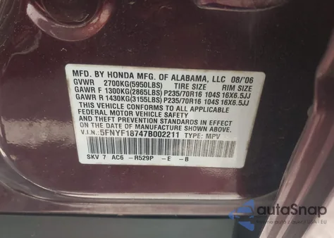 2007 Honda Pilot Ex-L из США, поврежденный, VIN 5FNYF18747B002211